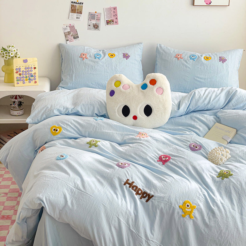 4-piece Bedding Set with Cute Embroidery  Pure Cotton Sheets and Quilt Covers BS0002