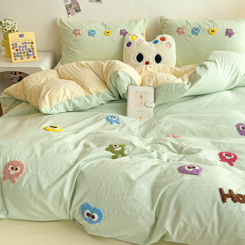 4-piece Bedding Set with Cute Embroidery  Pure Cotton Sheets and Quilt Covers BS0002