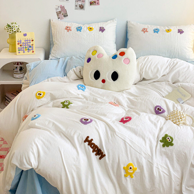 4-piece Bedding Set with Cute Embroidery  Pure Cotton Sheets and Quilt Covers BS0002