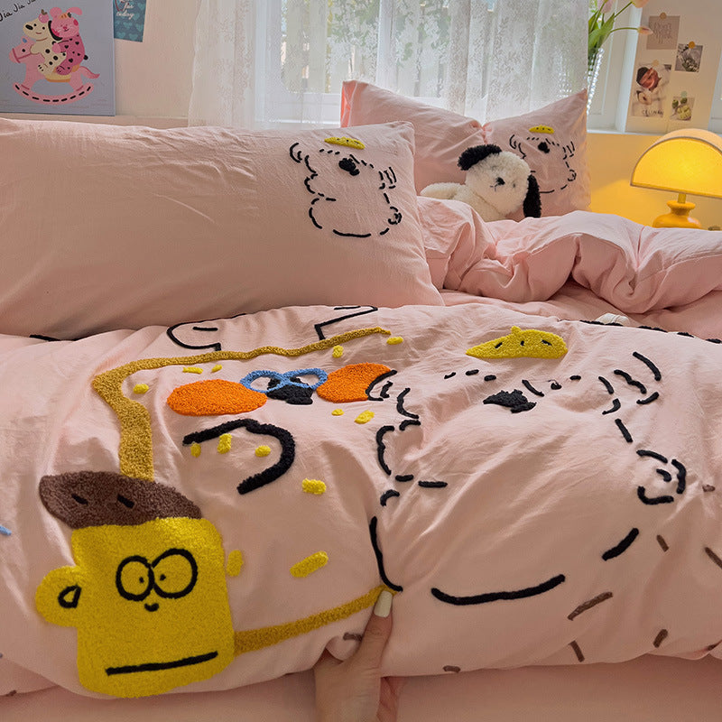 Cartoon Cotton Bedding  4pcs  Set Duvet Cover Bed Sheet   Pillowcase Set for Students  BS0010