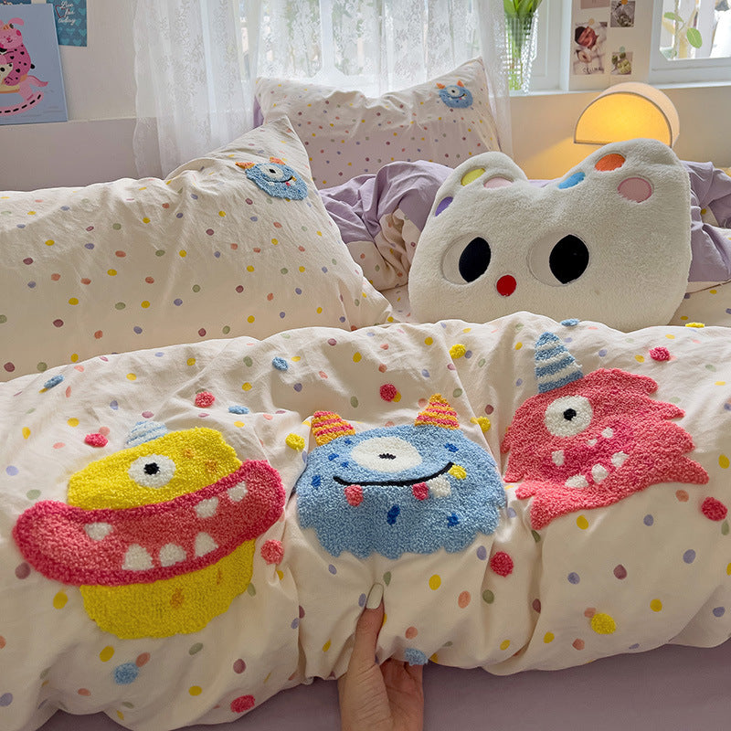 Cartoon Cotton Bedding  4pcs  Set Duvet Cover Bed Sheet   Pillowcase Set for Students  BS0009