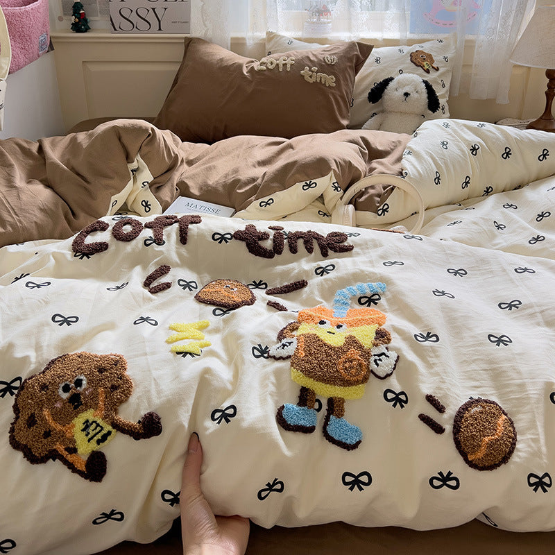Cartoon Cotton Bedding  4pcs  Set Duvet Cover Bed Sheet   Pillowcase Set for Students  BS0009
