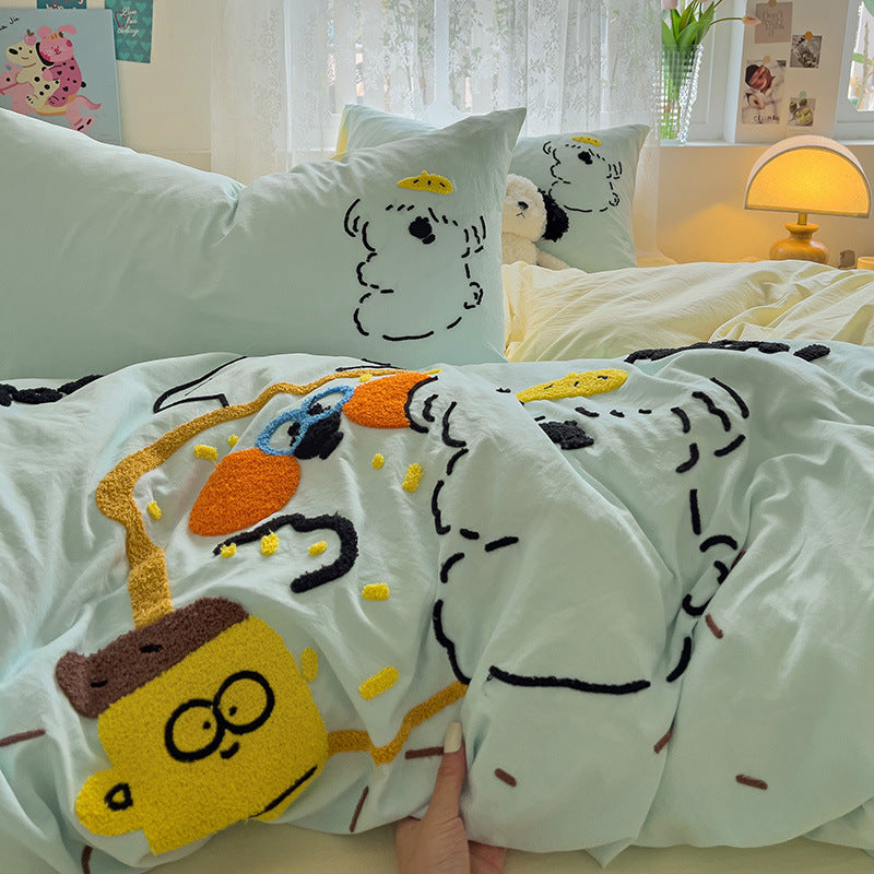 Cartoon Cotton Bedding  4pcs  Set Duvet Cover Bed Sheet   Pillowcase Set for Students  BS0009