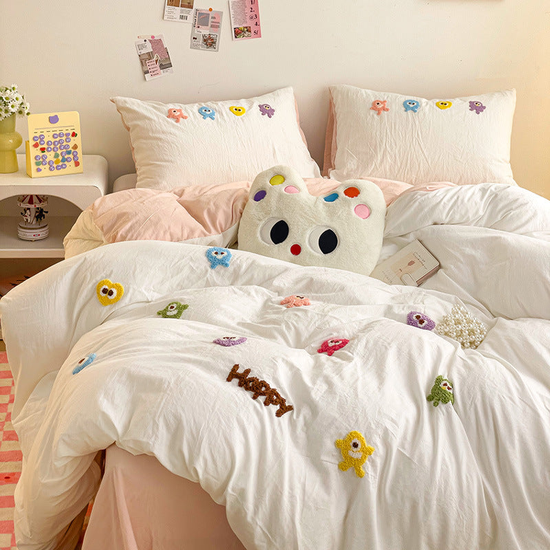 4-piece Bedding Set with Cute Embroidery  Pure Cotton Sheets and Quilt Covers BS0002