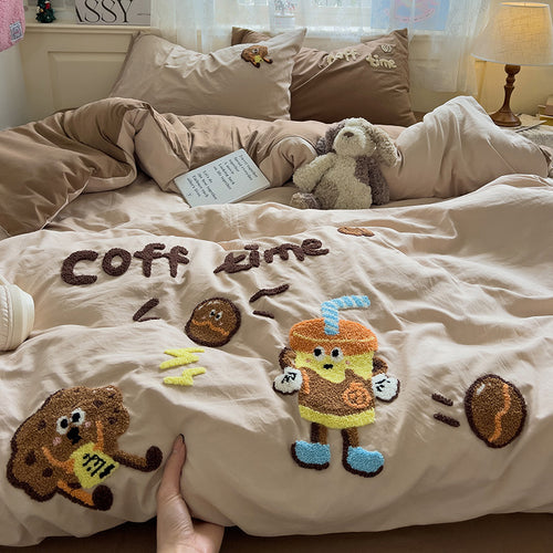 Cartoon Cotton Bedding  4pcs  Set Duvet Cover Bed Sheet   Pillowcase Set for Students  BS0010