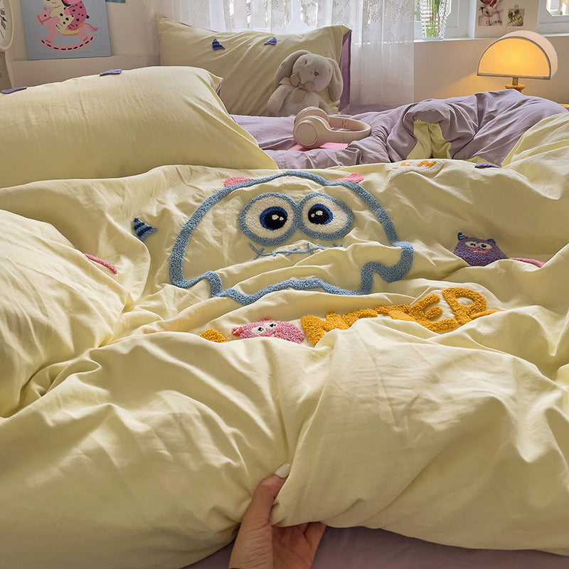 Cartoon Cotton Bedding  4pcs  Set Duvet Cover Bed Sheet   Pillowcase Set for Students  BS0009